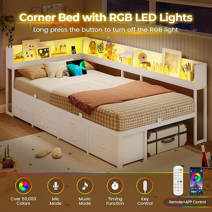 VIAGDO Corner Bed Frame with Storage Bookcase and 6 Drawers, Twin XL Metal Platform Corner Bed Frame with LED Lights and Charging Station, Twin XL Daybed for Kids Teenagers, White