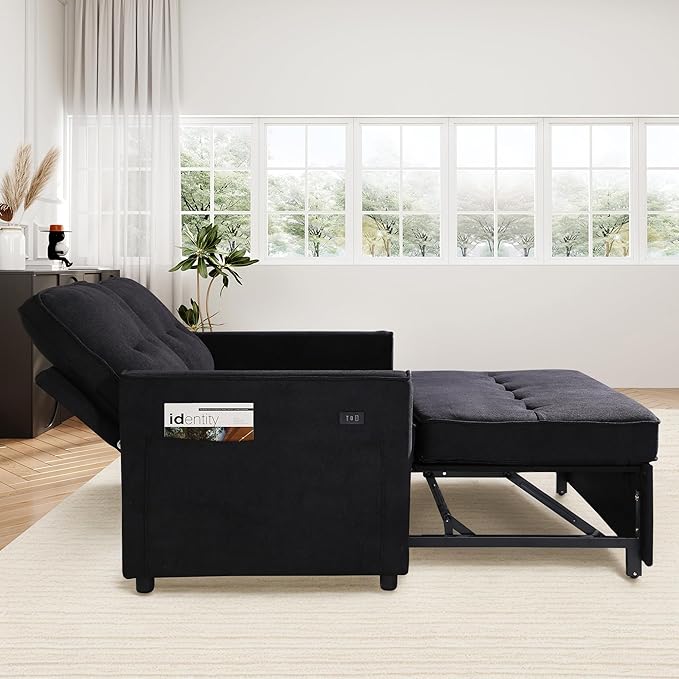 EJUNQ Pull Out Couch, Convertible Sofa Bed with USB and Reclining Backrest, Modern 3 in 1 Sleeper Sofa Couch Bed with Side Pockets, Comfortable Loveseat Sleeper for Small Spaces.(Black)