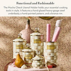 MACKENZIE-CHILDS Enamel Utensil Holder, Kitchen Utensil Holder for Countertop, Brown-and-White Mocha Check