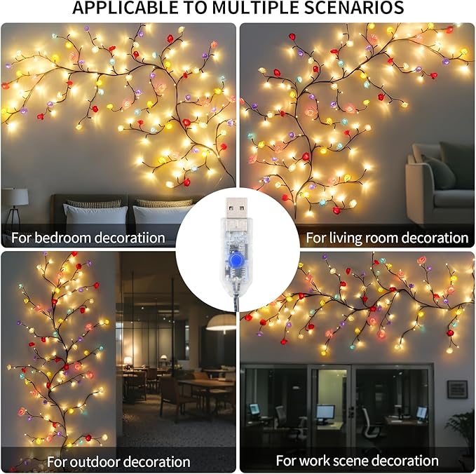 Macaroon Rose Blossom Enchanted Willow Vine Lights, 7.55FT 144LED 6 Color Blossom Tree Branch Lights for Wall, Remote Timer,8 Light Model,Bedroom Wall Doors Wedding, Christmas, USB Battery Box