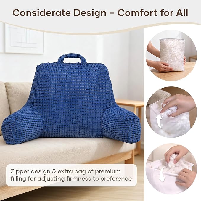 NOONTIDE Reading Pillow with Top Handle,Uniquely Designed Soft Fabric, Ergonomic Back Support for Bed,Cover Washable Sit up Pillow,Watching TV/Gaming/Relaxing(Blue)