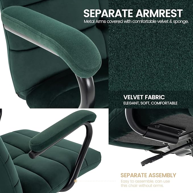 Velvet Home Office Desk Chair, Upholstered Adjustable Swivel Task Chair with Wheels, Tufted Mid-Back Computer Chair with Arms, for Study Living Room Vanity (Dark Green, Black Base)
