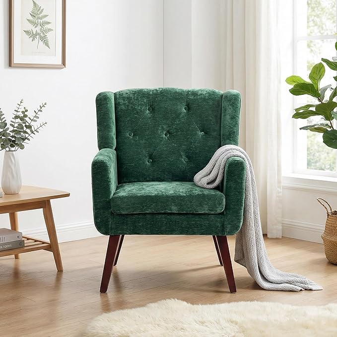 Accent Chair Button-Tufted Upholstered Living Room Chairs Comfy Reading Chair Mid Century Modern Chair with Linen Fabric Lounge Arm Chairs for Living Room Bedroom（Green）