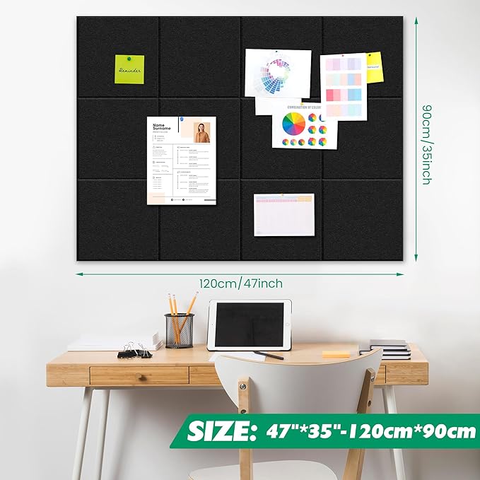 Large Cork Board Alternative - 11.8"x11.8"x0.35" 12 Pack Felt Wall Tiles Self-Adhesive Safe Removable Large Corkboard Bulletin Board Felt Cork Board for Walls Cork Board for Office 48 x 36-Black