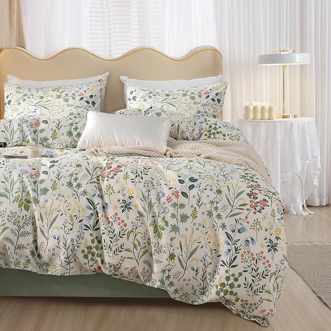 MKXI Garden Floral Comforter Set White Botanical College Bedding Queen Size for Coquette Aesthetic Plants Flowers Pattern Comforter for Women Teen Girls