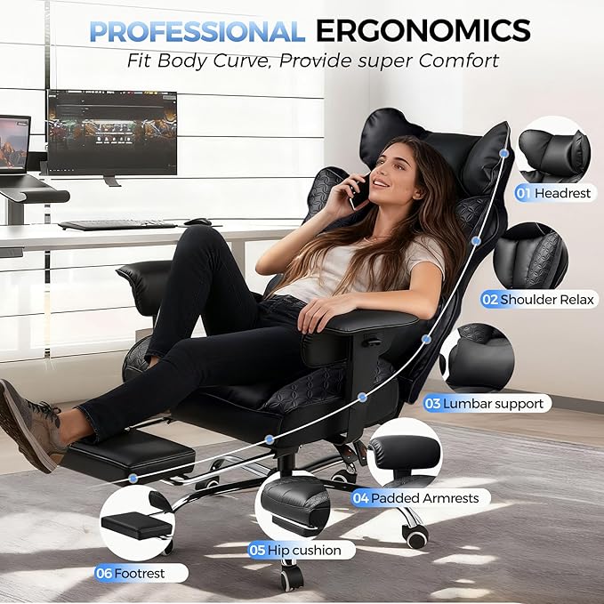 COMHOMA Big and Tall Office Chair 400LBS Heavy Duty Gaming Chair with Deluxe Embossing Leather High Back Wider Ergonomic Computer Chair with Foot Rest 150°Reclining Pocket Spring Lumbar Support