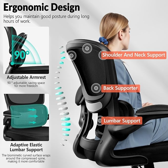 Office Chair Ergonomic Desk Chair, Breathable Mesh Comfy Chair with Lumbar Support, Computer Chair, Home Desk Chair with Flip-up Armrests, Gaming Chair for Adults Home Office (Black)