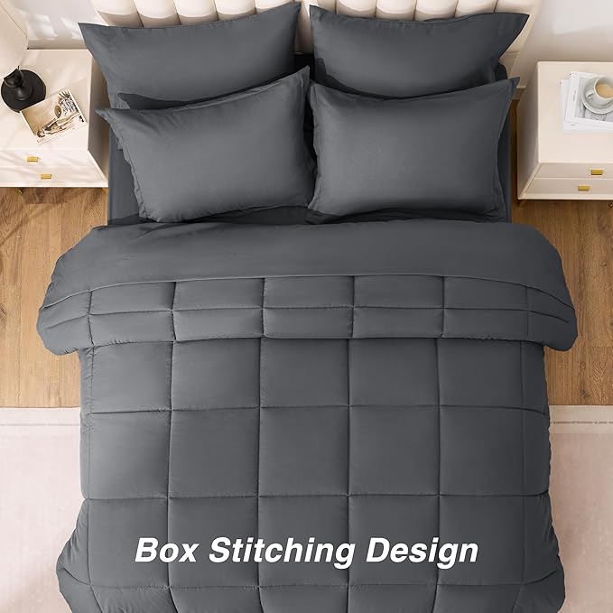 Love's cabin California King Comforter Set Soot Grey, 7 Pieces California King Bed in a Bag, All Season Bedding Sets with 1 Comforter, 1 Flat Sheet, 1 Fitted Sheet, 2 Pillowcase and 2 Pillow Sham