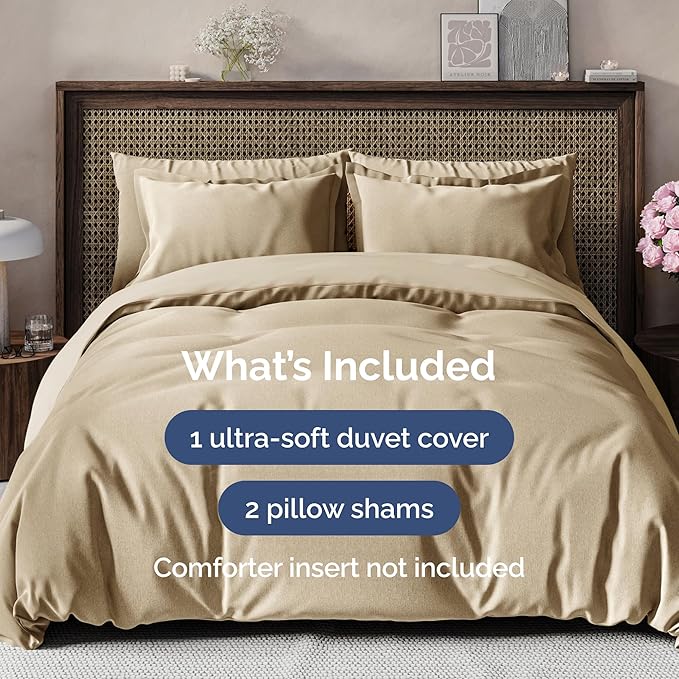 CGK Unlimited Duvet Cover Cal King Size Set - Extra Soft Cal King Size Duvet Cover 104 x 98 with 2 Pillow Shams - Hotel Quality w/Zipper Closures & Ties - Bedding and Bed Linens Set (Heathered Tan)