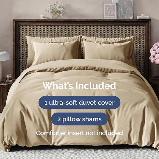 CGK Unlimited Duvet Cover Cal King Size Set - Extra Soft Cal King Size Duvet Cover 104 x 98 with 2 Pillow Shams - Hotel Quality w/Zipper Closures & Ties - Bedding and Bed Linens Set (Heathered Tan)
