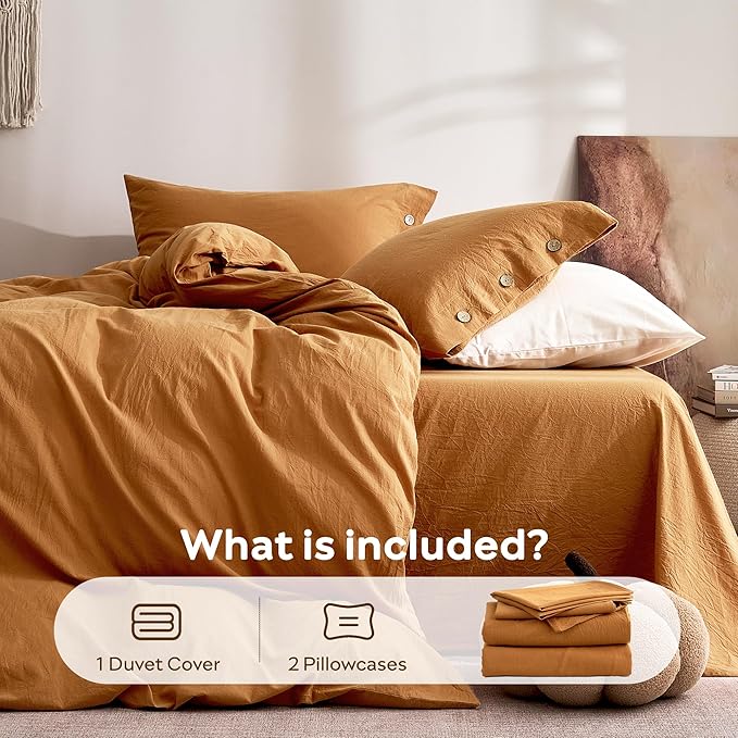 JELLYMONI 100% Washed Cotton Duvet Cover King – Soft, Breathable Linen-Look Bedding with Natural Wrinkle Texture, Button Closure, 3-Piece Set (Amber Orange, 104"x90")