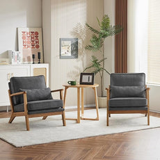 Karl home Accent Chair Wide Armrest Mid-Century Lounge Chair Linen Fabric Armchair with Lumbar Pillow & Solid Wood Frame for Living Room, Bedroom, Balcony, Gray