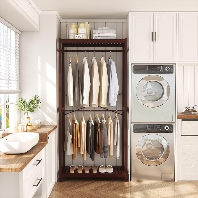 Homykic Bamboo Clothes Rack with Shelves and Double Hang Rods, Portable Closet System Garment Rack for Hanging Clothes, Tall Clothing Rack Corner Closet Organizer, Easy to Built, Espresso