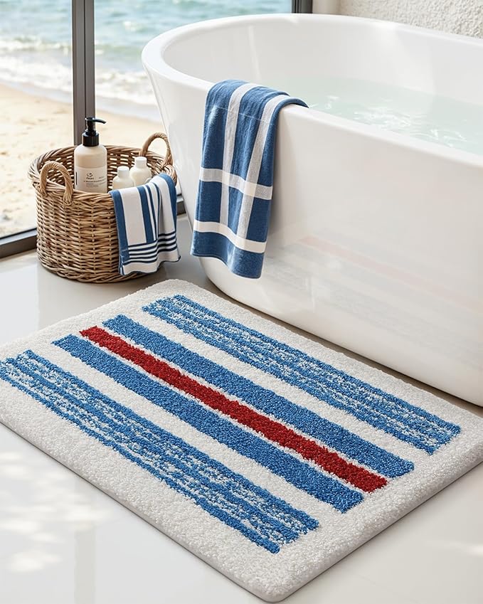 DEXI Striped Bath Mats for Bathroom 36x24, Washable Absorbent Bathroom Rugs with Non Slip Backing, Extra Soft Plush Microfiber Shower Rugs for Tub, Floor, Sink, Blue and Red