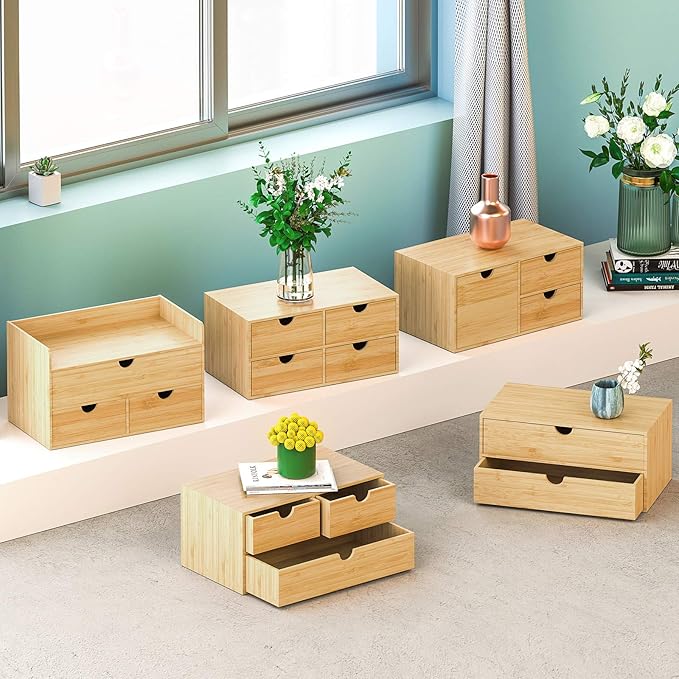 Bamboo Desk Drawer Organizer, 2 Drawer Desktop Organizer with Drawers Tabletop Storage Organization Box for Office Home Toiletries Supplies Vanity, No Assembly Required