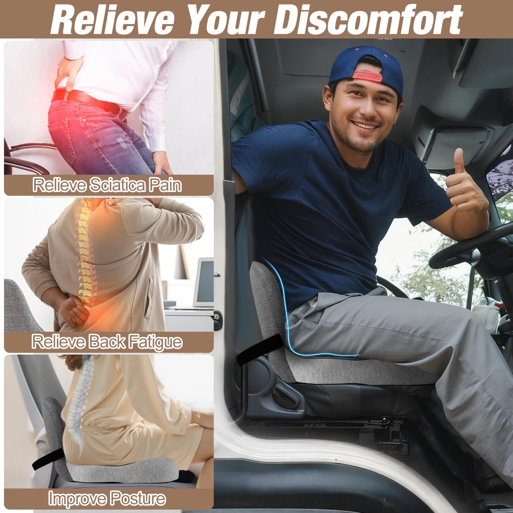 MYFAMIREA Truck Seat Cushion, Memory Foam Trucker Seat Cushion for Truck Driver Long Sitting with Adjustable Strap, Back Support and Pain Relief for Trucker Driving Car Office Chair and Pain Dormly
