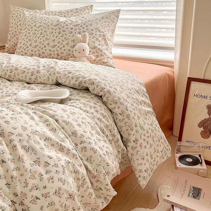 HighBuy Boho Cotton Floral Duvet Cover King White Coquette Comforter Quilt Duvet Covers with Pink Floral,Garden Floral Bedding Set Twin Lightweight Soft Cottagecore Duvet Cover Sets Cute,King
