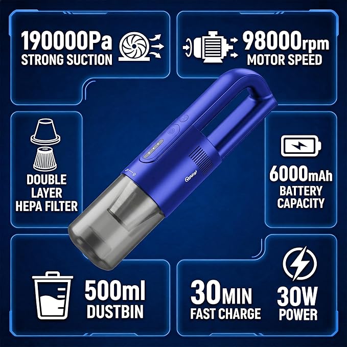 Handheld Vacuum Cordless, 5-in-1 Car Vacuum Portable Cordless 30 Mins Rapid Rechargeable Hand Vacuum Brushless Motor 19000Pa Strong Suction, Dust Busters for Car Home with 4 Nozzles, Blue