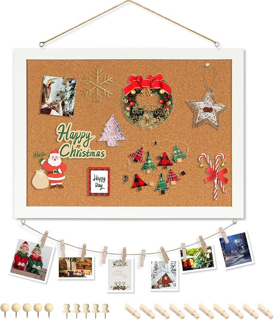 Double-Sided Cork Board for Wall, 16" x 12" Hanging Wood Framed Small Bulletin Board, Picture Display Vision Board Corkboards for Wall Room School Office Decor, 20 Pushpins (Vintage White)