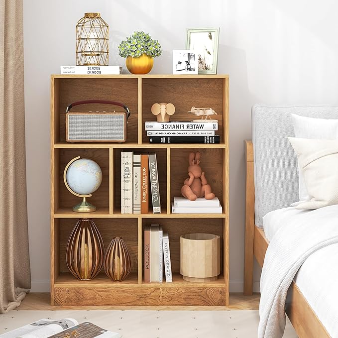Tangkula 7-Cube Bookshelf, 41” Floor Bookcase with 2 Anti-Tipping Kits, Freestanding Storage Organizer, 4-Tier Display Shelf for Home, Office & Dorms, Natural/White (Natural, 7-Cube)