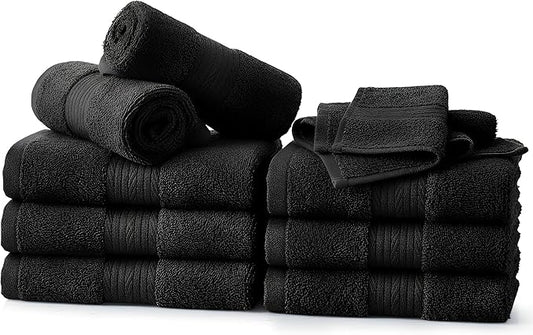 Ample Decor Wash Cloths Pack of 10, Oeko Tex Certified 600 GSM 100% Cotton Soft Absorbent, Premium Quality Durable Machine Washable, Ideal for Bathroom, Pool, Hotel, Spa – Black