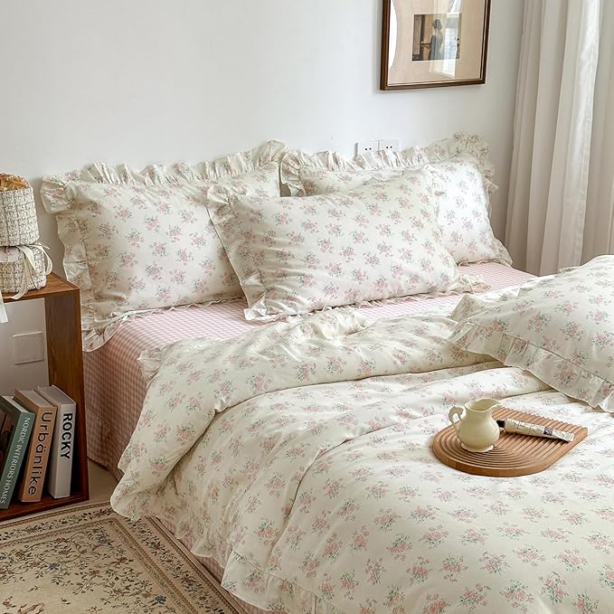 mixinni Pink Floral Duvet Cover Set Twin Size - 100% Cotton Ruffle Lace Bedding Set for Girls, Romantic Cottagecore Style Duvet Cover with Zipper Closure, Soft Aesthetic Princess Bedding-Twin