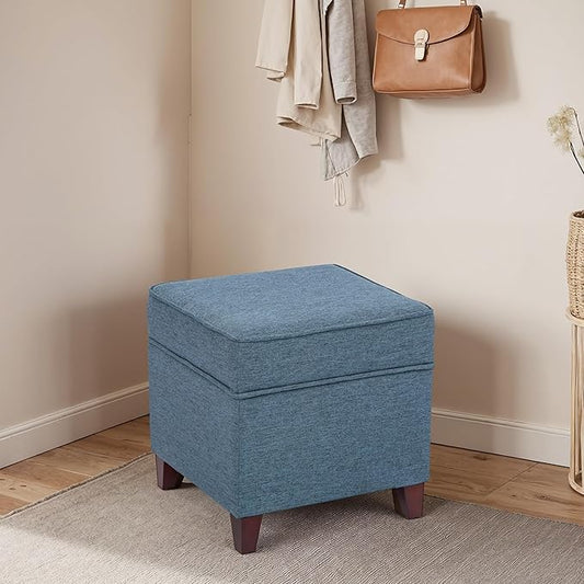 Adeco 17" Square Ottoman with Storage, Small Blue Storage Ottoman Foot Rest with Hinged Lid & Solid Wood Legs, Linen Fabric Foot Stool for Living Room & Bedroom, Seasonal Home Refresh & Gifting