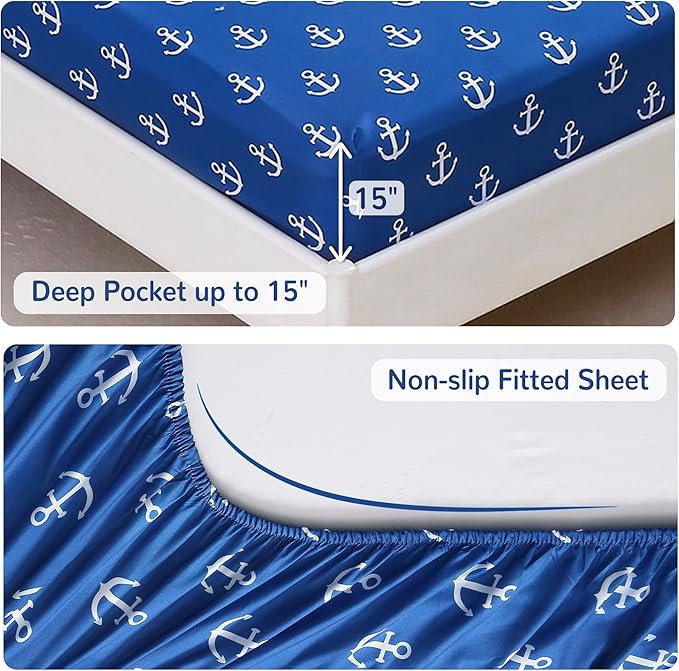 Viviland Kids Full Bedding Sets for Boys, Soft Full Comforter Set with Sheets, 7 Pieces Microfiber Bed in a Bag, Nautical Sea Ship