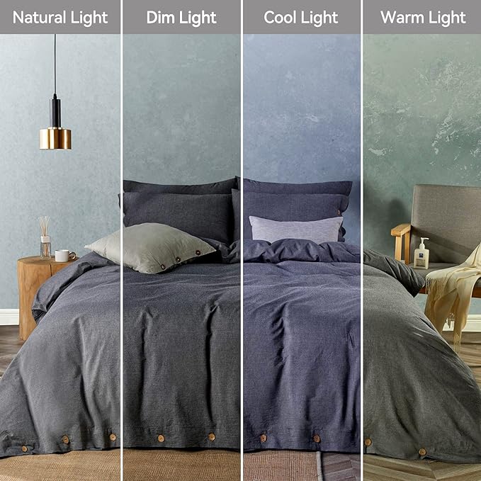 JELLYMONI Cotton Duvet Cover King Size - Black Comforter Cover with Button 100% Washed Cotton 3PCS Breathable Soft Solid Bedding Set Duvet Cover 104×90in & 2 Pillowcases (NO Comforter)