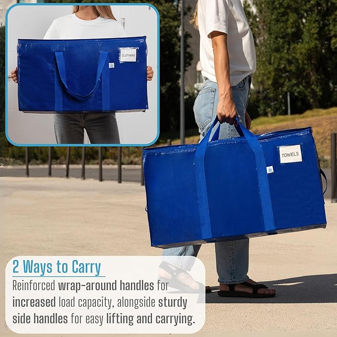 VENO 6 Pack Moving Bags, Upgraded Heavy Duty, Moving Boxes Alternative, Packing Storage Supplies for Dorm Room Essentials with Zipper for Clothes, Large Totes for Packaging (Blue, 6 Pack)