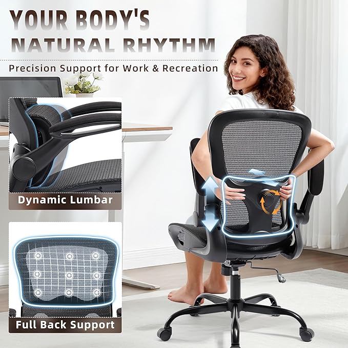 Office Chair, Ergonomic Desk Chair with Adjustable High Back 2D Lumbar Support Flip-up Armrests, Executive Breathable Mesh Comfy Swivel Rolling Computer Task Chair for Home Office Study Work Gaming