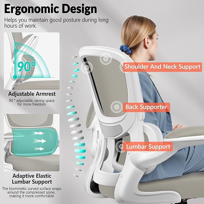 Office Chair Ergonomic Desk Chair, Breathable Mesh Comfy Chair with Lumbar Support, Computer Chair, Home Desk Chair with Flip-up Armrests, Gaming Chair for Adults Home Office (LightGray)