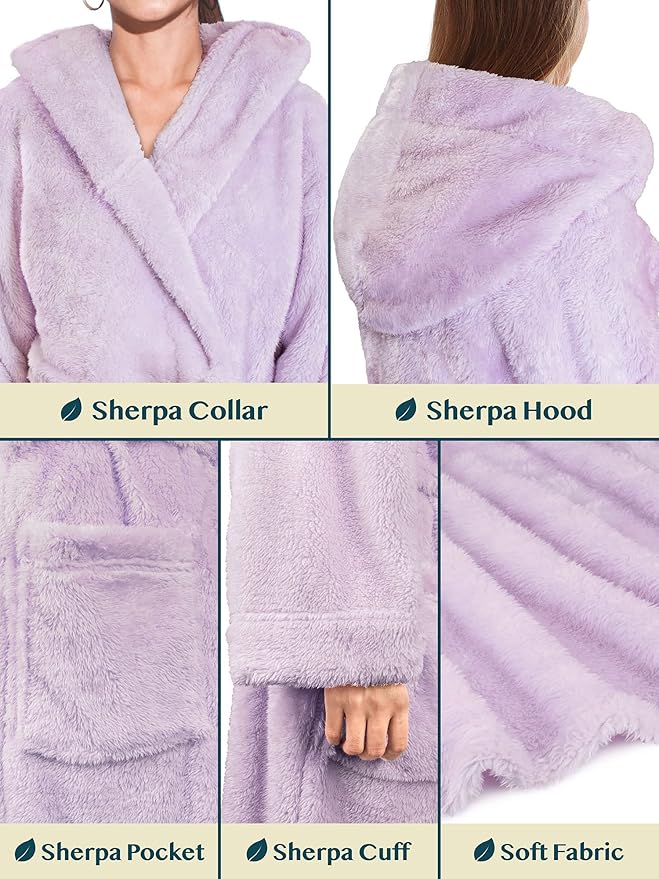 PAVILIA Women Hooded Plush Soft Robe | Fluffy Warm Fleece Sherpa Shaggy Bathrobe
