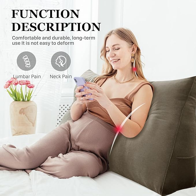 8 lbs Thickened Twin Wedge Pillow Headboard College Dorm Bed Velvet Wedge Pillow Backrest Triangular Headboard Pillows with Side Pocket, Dorm Bedding Essentials for Girls & Boys, Taupe