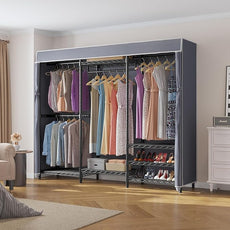 VIPEK V5C Portable Clothes Closet Wardrobe Bedroom Armoires Heavy Duty Covered Clothes Rack, Black Metal Clothing Rack with Grey Oxford Fabric Cover, Adjustable Custom Closet Rack 70.1