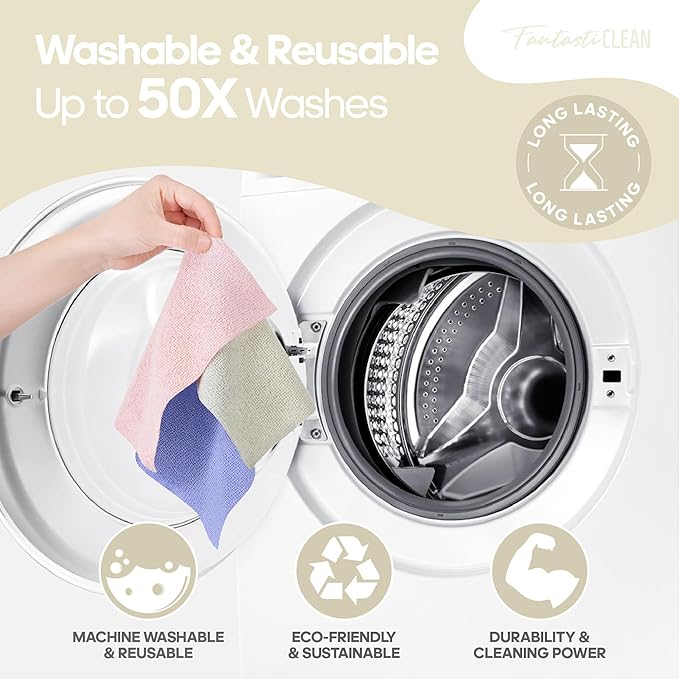 Fantasticlean Microfiber Cleaning Cloth Roll 4 Rolls 240 Pack, Tear Away Paperless Towels, 8" x 8", Reusable Washable Rags, Home Kitchen, Pet, Office, Indoor Outdoor, Compact and Portable (Off-White)