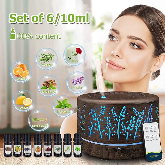 Diffusers for Essential Oils Large Room 600ml,Essential Oil Diffusers for Home with R/C,8/Set Oils Cool Mist Humidifier,7 Colors Lights & 3 Mist Mode Waterless Auto Off for Office Bedroom Decor Gifts