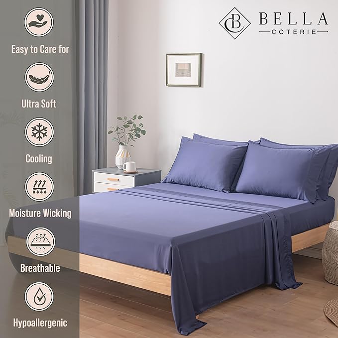 Bella Coterie 6 Piece Luxury Bamboo Viscose Queen Size Sheet Set | 100% Organically Grown | Cooling for Hot Sleepers | 18" Deep Pocket | Soft & Hypoallergenic | 4 Pillowcases [Twilight Blue] BC