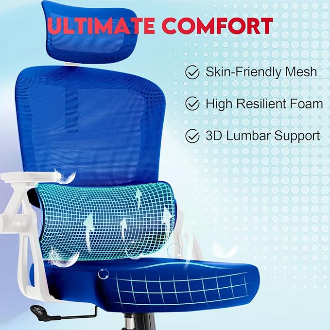 Ergonomic Office Chair - 400LB Comfy Desk Chairs with Adjustable Headrest and Lumbar Back Support, Mesh Computer Chairs with Wheels and Arms for Home Office, Study (218Blue-With Headrest)
