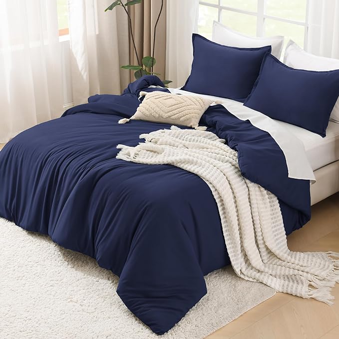 Litanika Comforters Navy Blue Super King Size, 3 Pieces Lightweight Solid Bedding Set & Collections, All Season Fluffy Bed Set (120x120In Comforter & 2 Pillowcases)