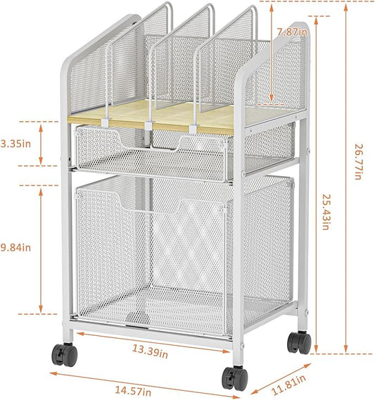 Rolling File Cabinet with Adjustable Dividers, Mobile Filing Cabinet with 2 Storage Drawers on Lockable Wheels, Hanging File Organizer Beside Under Desk for Office, Home, White（Patent Pending）