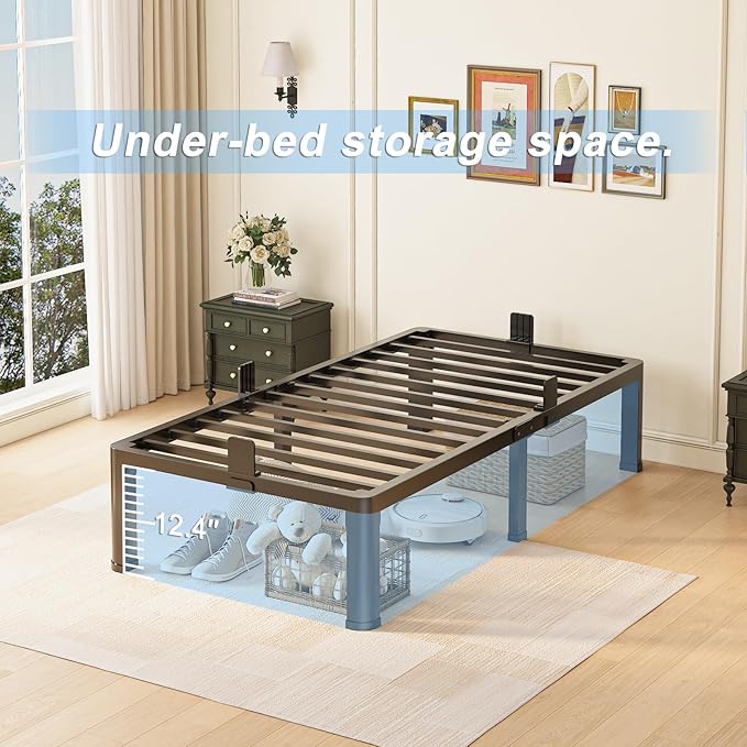 14 inch Twin XL Bed Frame with Round Corner Legs Mattress Slide Stopper,3500 lbs Heavy Duty Metal Platform,No Box Spring Needed,Easy Assembly,Noise Free