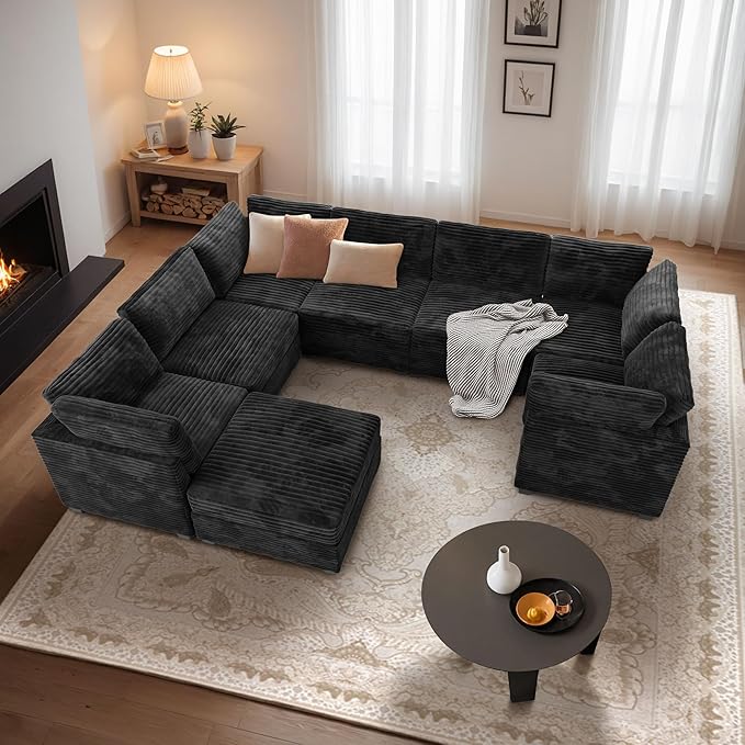 Large 8 Seat Modular Sectional Sofa with Ottoman Seat Corduroy Sleeper Sectional Sofa Bed Oversized Convertible Modular Couch for Living Room