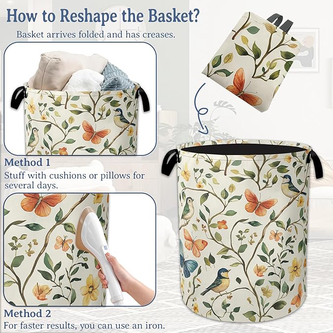 Bird Butterfly Laundry Basket,Oxford Cloth Vintage Nature Laundry Hamper With Handle Foldable Portable Clothes Storage Basket for Laundry Room/Bedroom/Bathroom 20.8"x16"