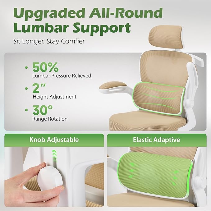 Office Chair Ergonomic Desk Chairs with Adjustable Lumbar Support& Headrest Hanger, High Back Breathable Mesh Chair with Wheels, Rolling Swivel Comfy Task Computer Chair for Home Work Gaming