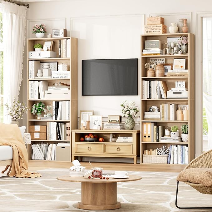 FOTOSOK 6-Tier Open Bookcase and Bookshelf Set of 2, Freestanding Display Storage Shelves Tall Bookcase for Bedroom, Living Room and Office, Light Oak