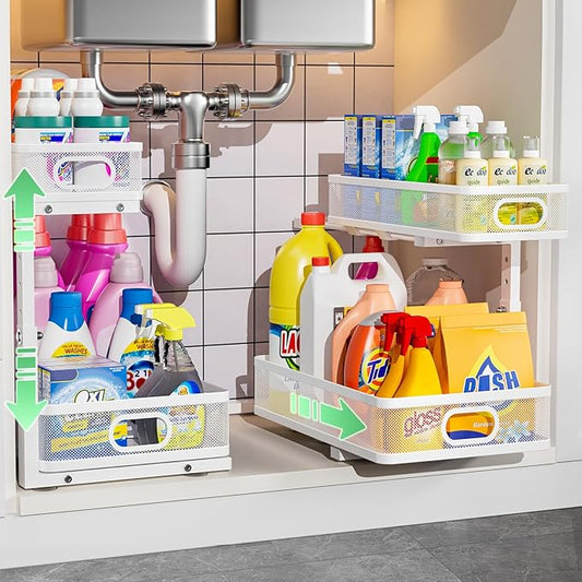 Under Sink Organizer, High Adjustable 2 Tier Under Sink Organizers and Storage, Slide Out Metal Cabinet Organizers, Pull Out Sink Storage Drawer Shelf for Kitchen Bathroom Cabinet, White, 2 Pack