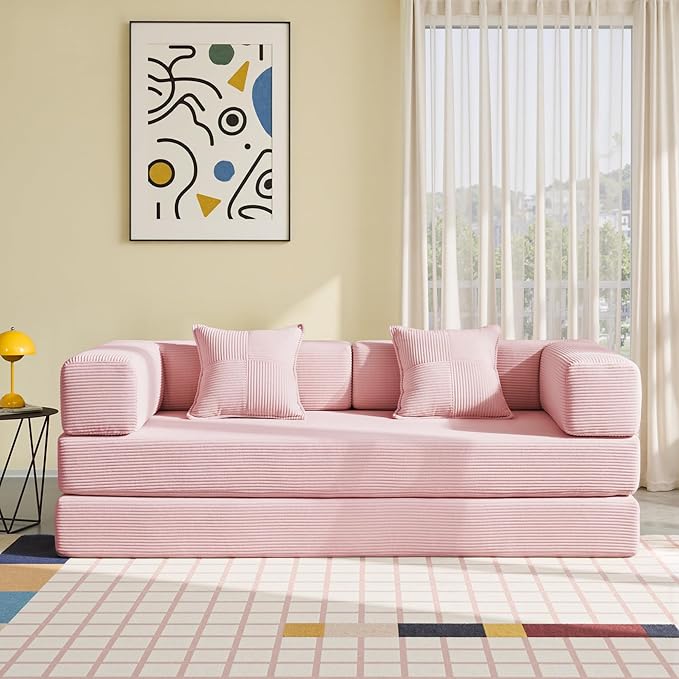 YINIX Foldable Sofa Bed, 78'' Folding Floor Couch, Compressed Convertable Sleeper Sofa, Memory Foam Couch with Pillow Back Support Armrest, 4-in-1 Futon Sofa Bed for Living Room, Pink