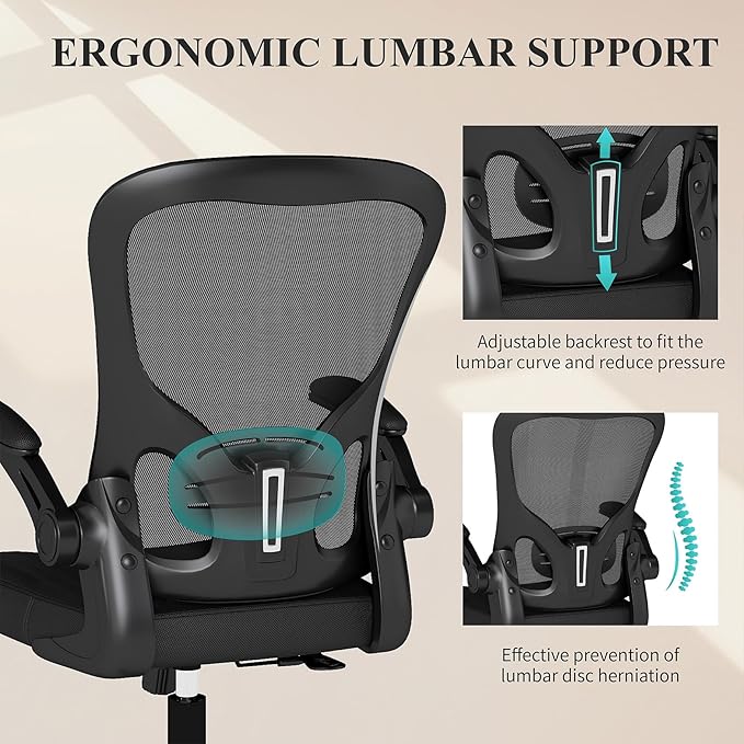 Flysky Mesh Office Chair, Ergonomic Computer Desk Chairs for Home Office - with Comfy/Comfortable Flip-up Arm Rests, Lumbar Support, Height Adjustable, 360 Degree Rolling Swivel (Black)
