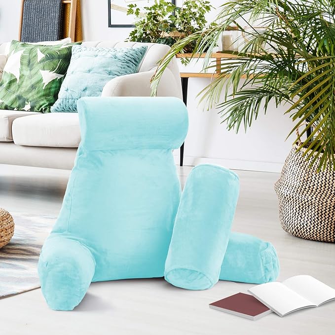 Nestl Reading Pillow with Shredded Memory Foam Includes 2 Neck and Lumber Support Pillows, Designed for Sitting Up in Bed and Couch, Back and Arms Adjustable Support for Adult & Teens, Light Blue
